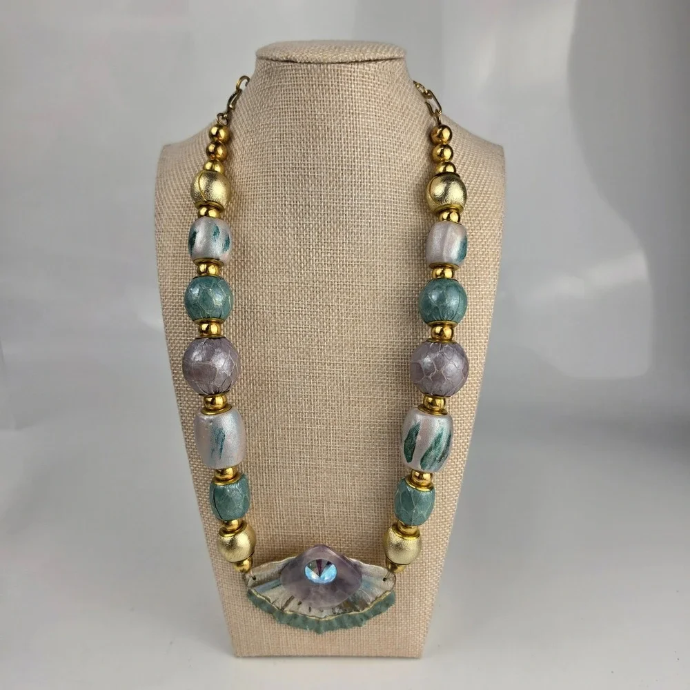 Vintage 1990s Chunky Statement‎ Necklace Amethyst Stone Painted Beads Gold Tone